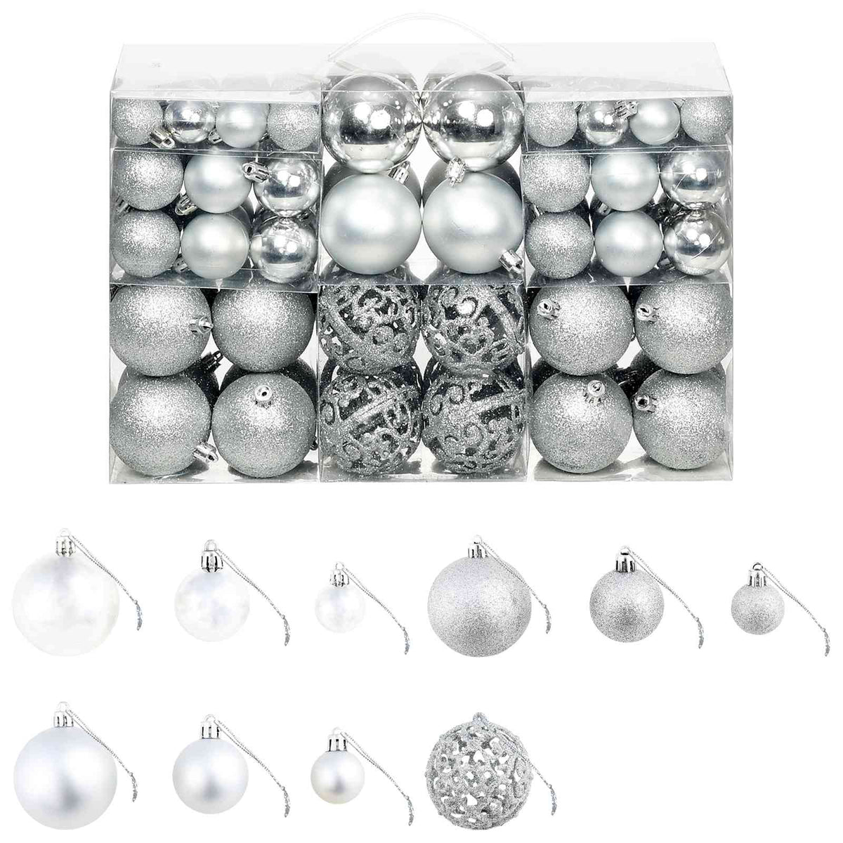 245712 vidaXL 100 Piece Christmas Ball Set 3/4/6 cm Silver - 6 x 6 x 6 cm