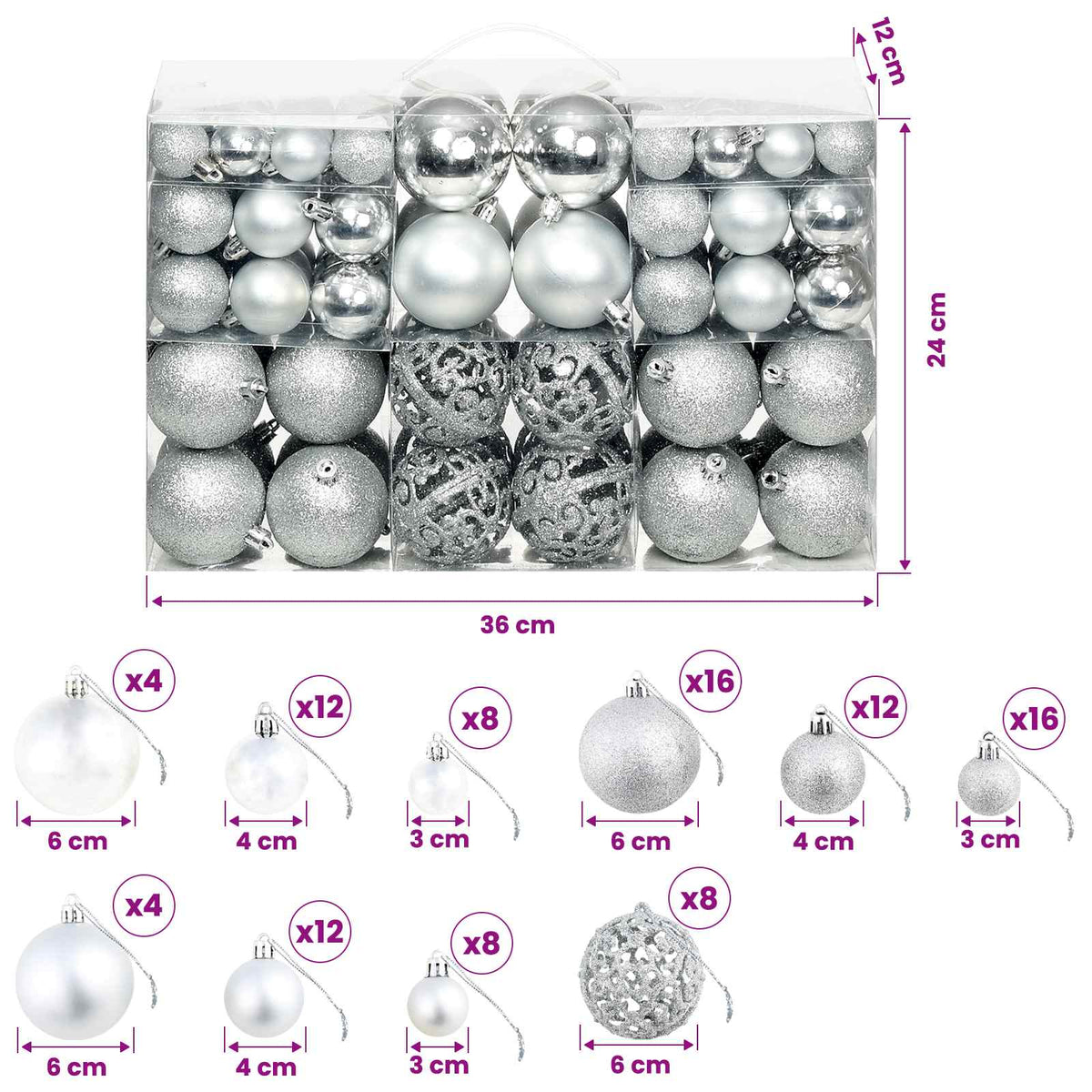 245712 vidaXL 100 Piece Christmas Ball Set 3/4/6 cm Silver - 6 x 6 x 6 cm