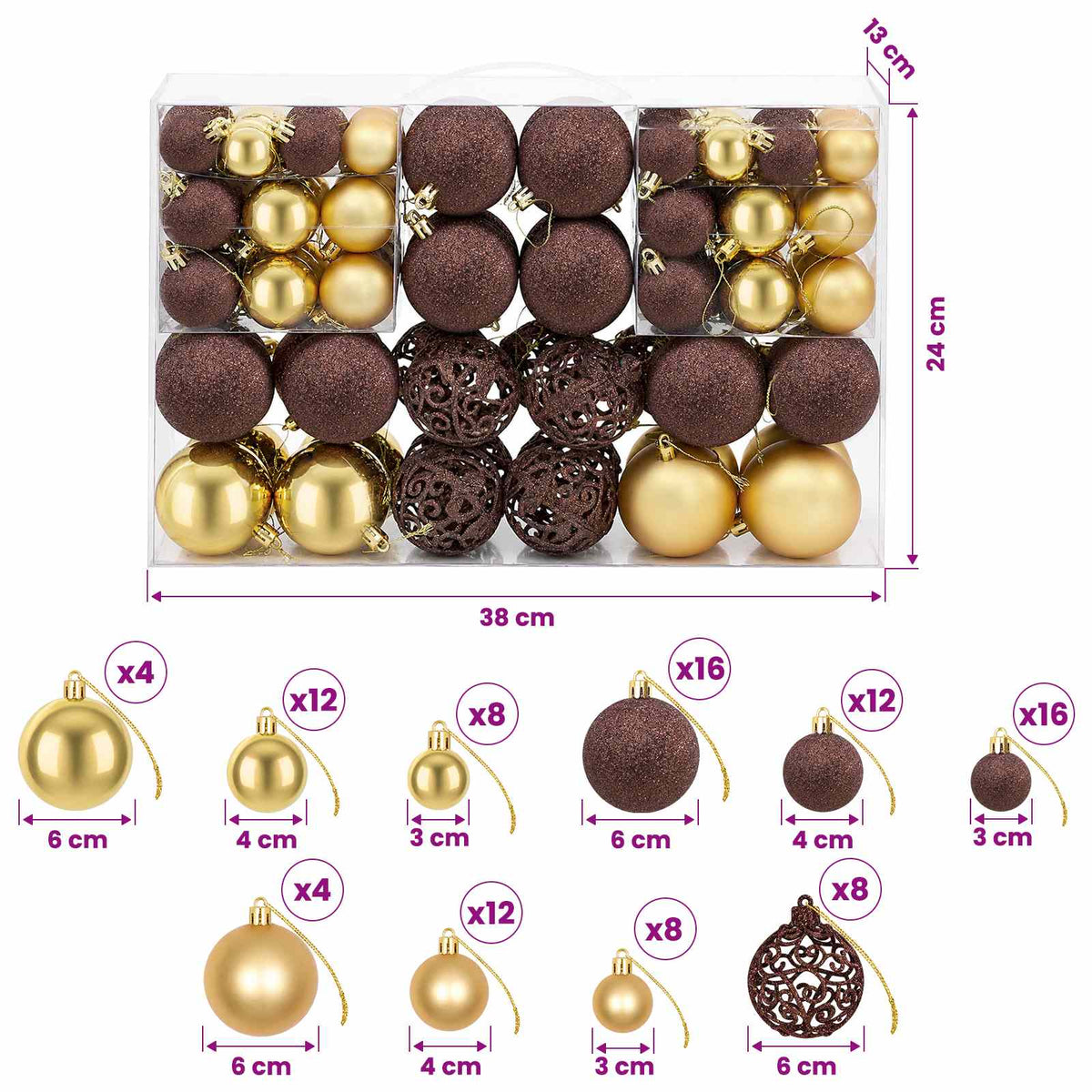 245714 vidaXL 100 Piece Christmas Ball Set 3/4/6 cm Brown/Bronze/Gold - Multicolour - 6 x 6 x 6 cm