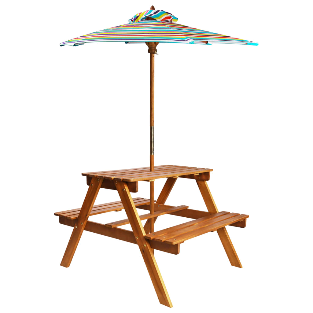 vidaXL Kids Picnic Table with Parasol 79x90x60 cm Solid Acacia Wood - Brown