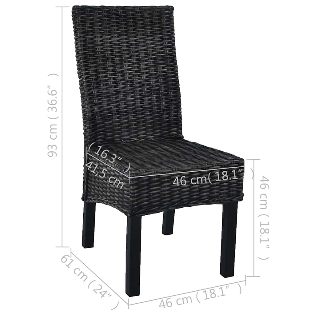 vidaXL Dining Chairs 2 pcs Black Kubu Rattan and Mahogany Wood - 46 x 61 x 93 cm