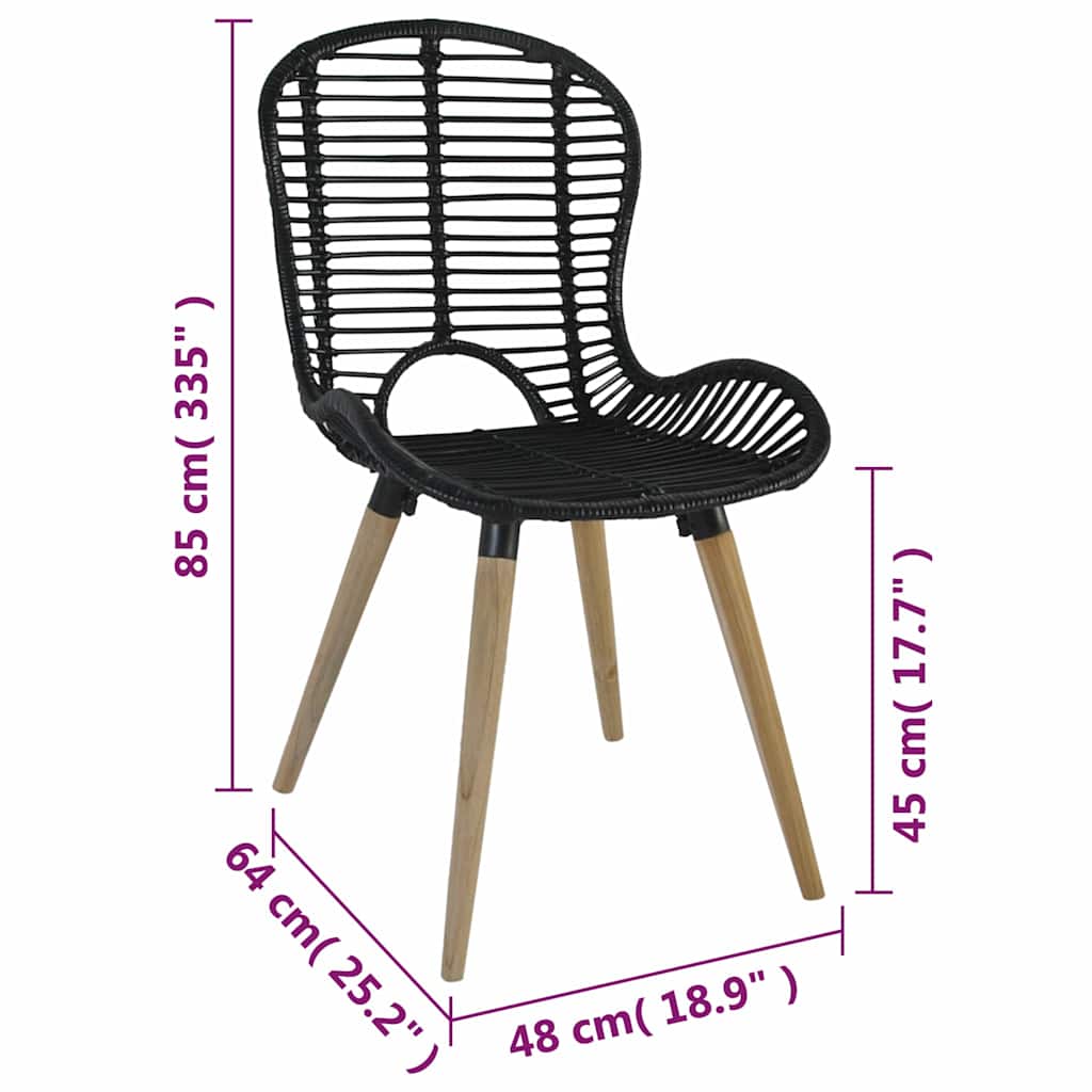 vidaXL Dining Chairs 4 pcs Black Natural Rattan - 48 x 64 x 85 cm