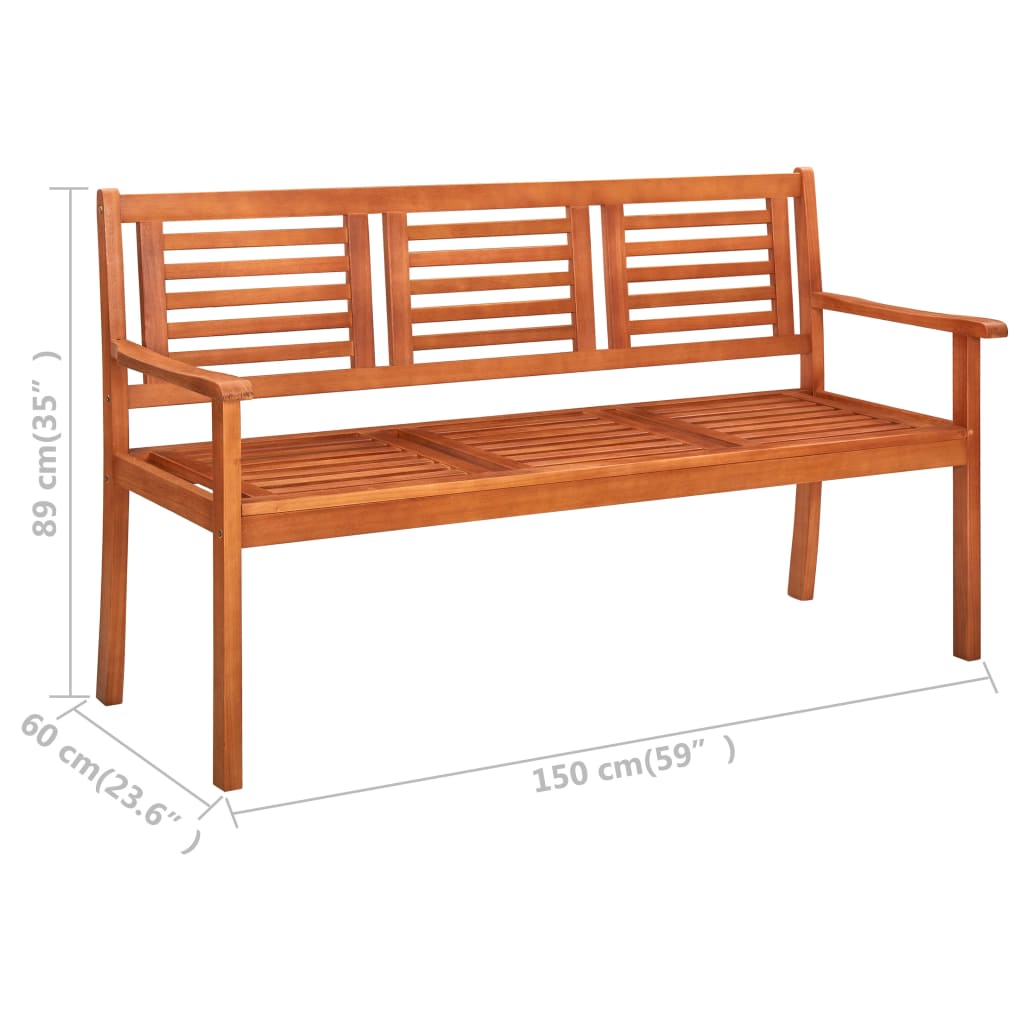 vidaXL 3-Seater Garden Bench 150 cm Solid Eucalyptus Wood - Brown - 150 x 60 x 89 cm