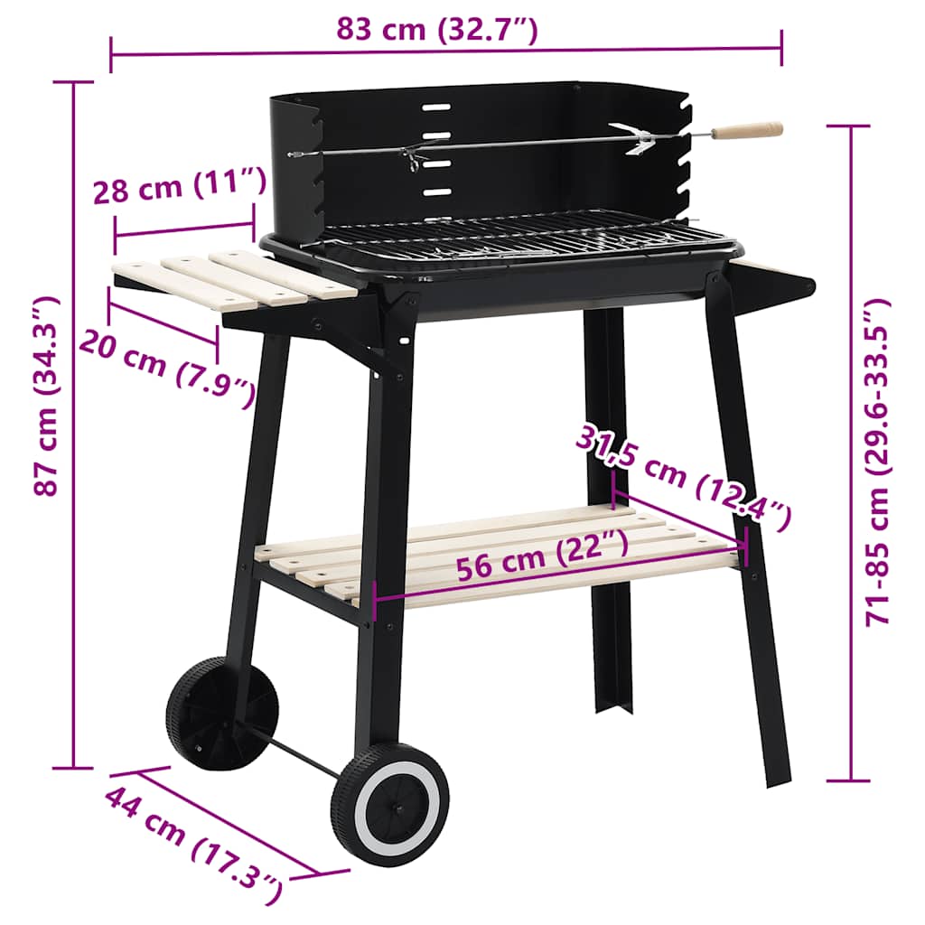 vidaXL Charcoal BBQ Stand with Wheels - Black
