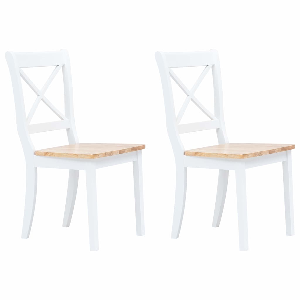 vidaXL Dining Chairs 2 pcs White and Natural Solid Rubber Wood - 45.5 x 52 x 90 cm