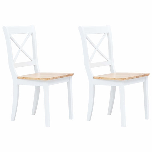 vidaXL Dining Chairs 2 pcs White and Natural Solid Rubber Wood - 45.5 x 52 x 90 cm