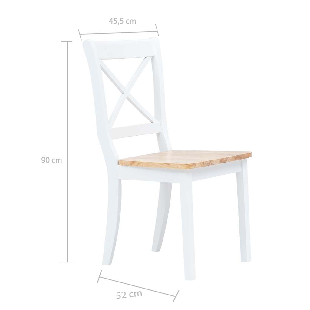 vidaXL Dining Chairs 2 pcs White and Natural Solid Rubber Wood - 45.5 x 52 x 90 cm