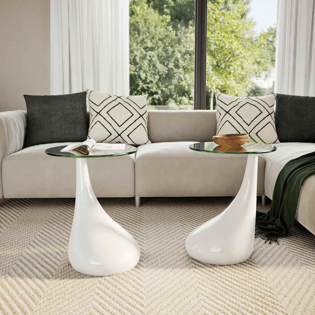 vidaXL Coffee Table 2 pcs with Round Glass Top High Gloss White - 42 x 42 x 55 cm