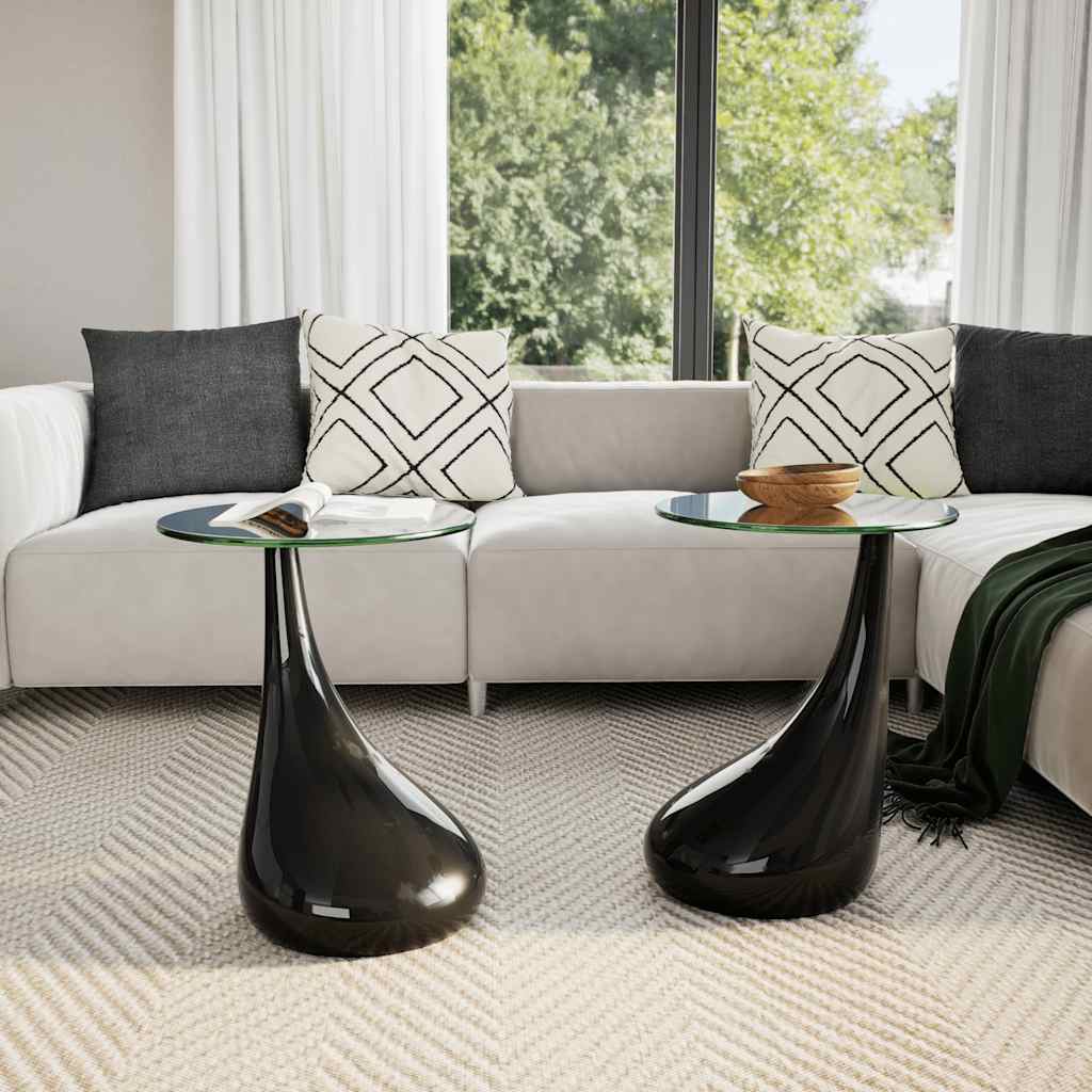 vidaXL Coffee Table 2 pcs with Round Glass Top High Gloss Black - 42 x 42 x 55 cm