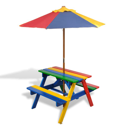 vidaXL Kids' Picnic Table with Benches and Parasol Multicolour Wood