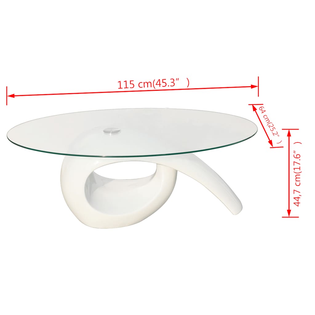vidaXL Coffee Table with Oval Glass Top High Gloss White - 115 x 64 x 44.7 cm