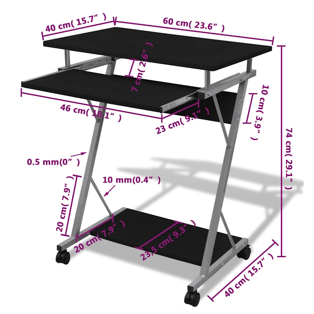 20051 vidaXL Compact Computer Desk with Pull-out Keyboard Tray Black - 40 x 74 x 60 cm