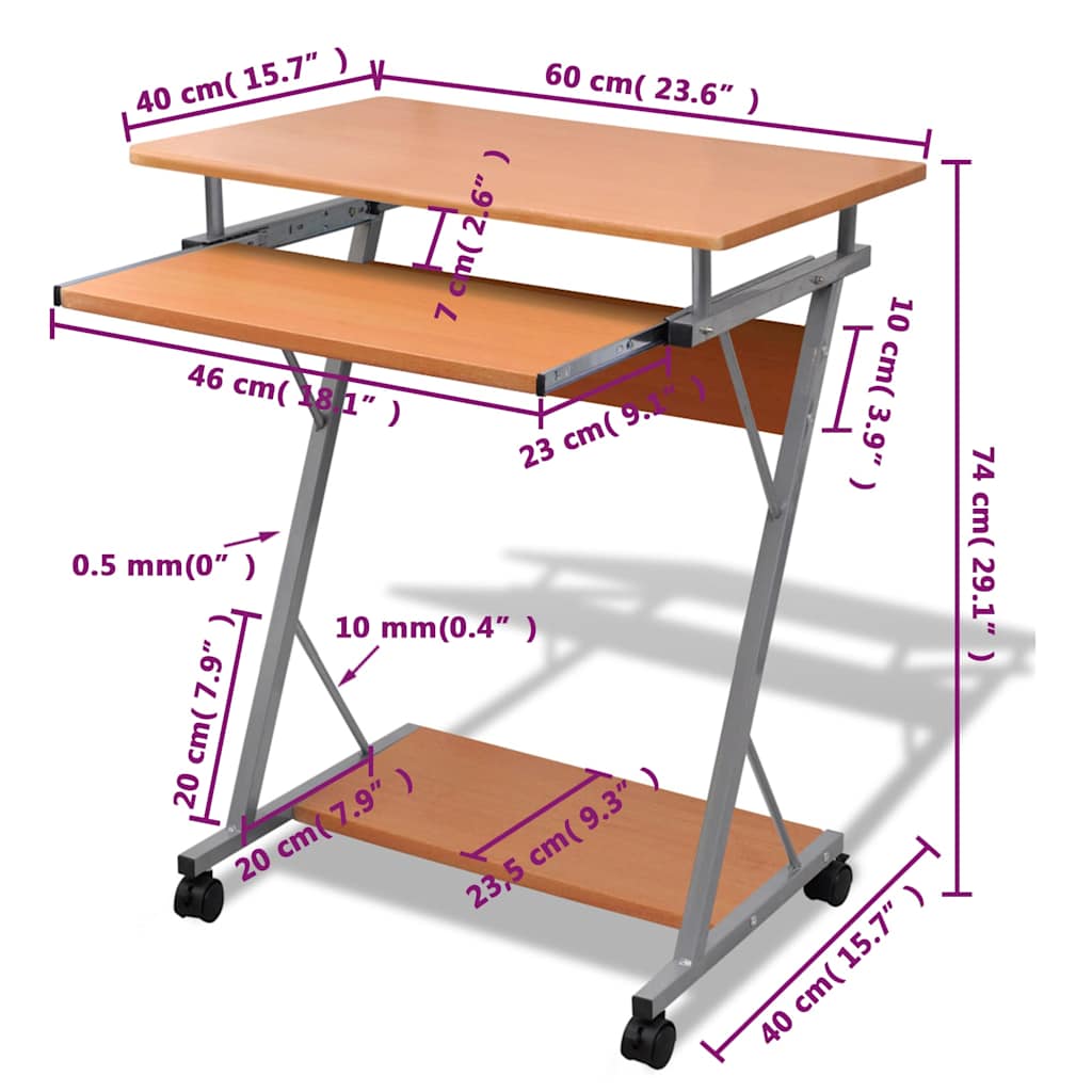 20052 vidaXL Compact Computer Desk with Pull-out Keyboard Tray Brown - 60 x 40 x 74 cm