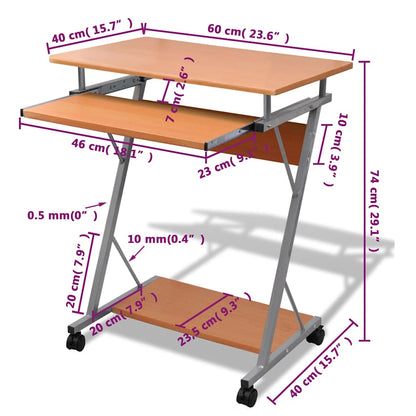 20052 vidaXL Compact Computer Desk with Pull-out Keyboard Tray Brown - 60 x 40 x 74 cm