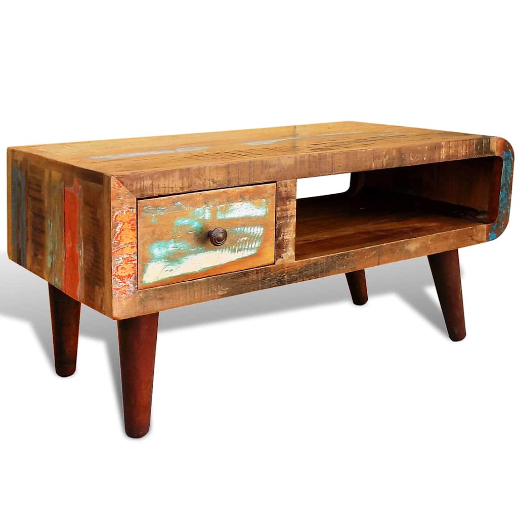 vidaXL Coffee Table with Curved Edge 1 Drawer Reclaimed Wood - Brown - 90 x 45 x 45 cm