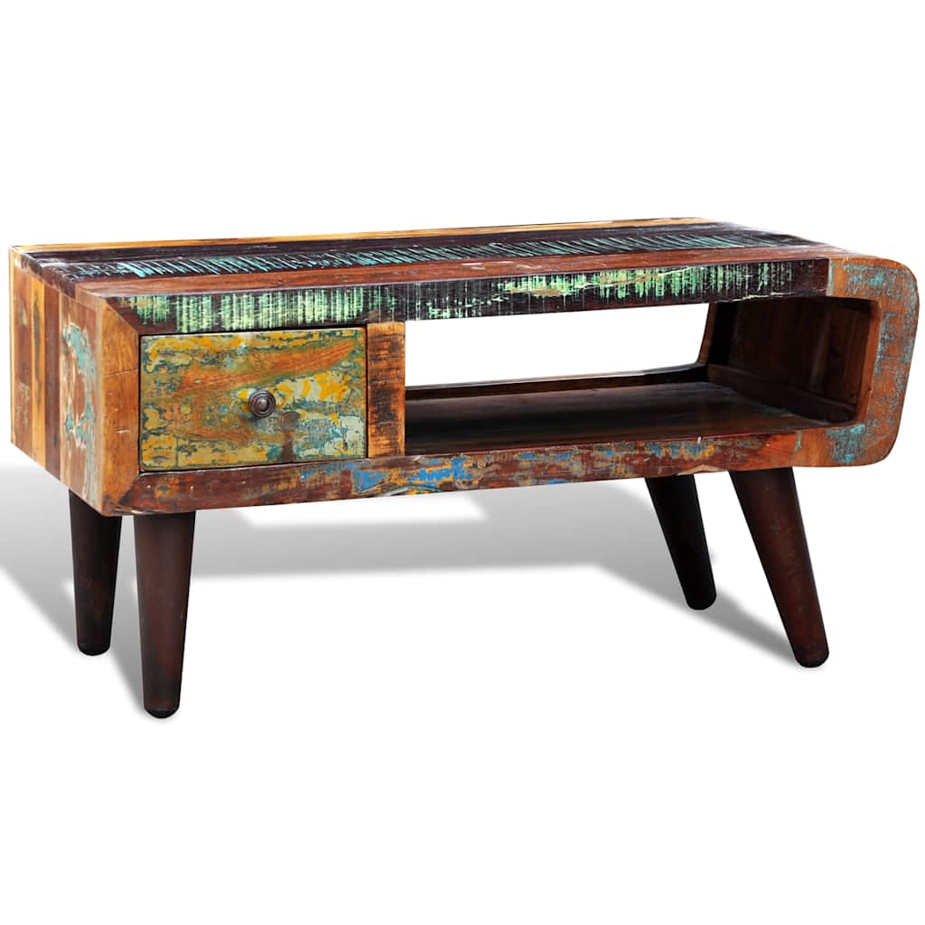 vidaXL Coffee Table with Curved Edge 1 Drawer Reclaimed Wood - Brown - 90 x 45 x 45 cm