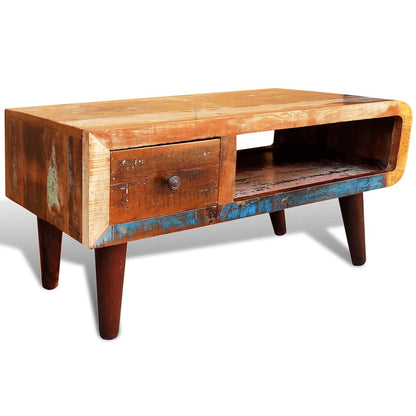 vidaXL Coffee Table with Curved Edge 1 Drawer Reclaimed Wood - Brown - 90 x 45 x 45 cm