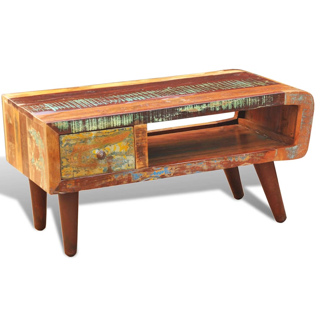 vidaXL Coffee Table with Curved Edge 1 Drawer Reclaimed Wood - Brown - 90 x 45 x 45 cm