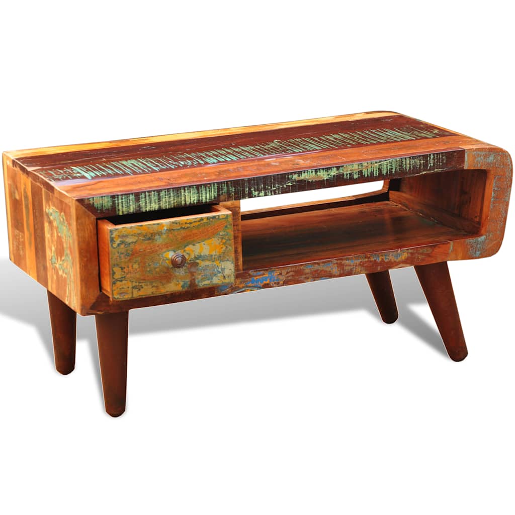 vidaXL Coffee Table with Curved Edge 1 Drawer Reclaimed Wood - Brown - 90 x 45 x 45 cm