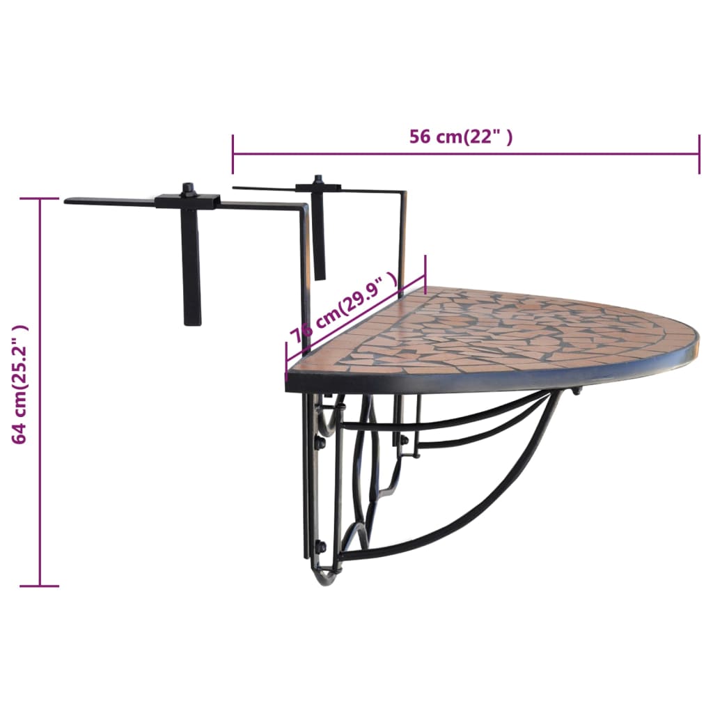 vidaXL Hanging Balcony Table Terracotta Mosaic - Brown - 76 x 56 x 64 cm