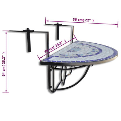 vidaXL Hanging Balcony Table Blue and White Mosaic - Multicolour - 76 x 56 x 64 cm