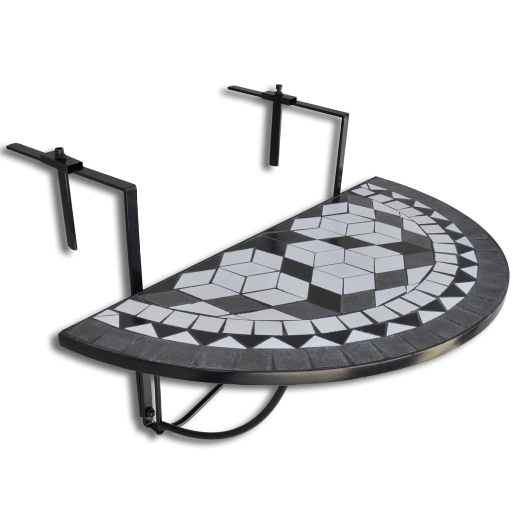 vidaXL Hanging Balcony Table Black and White Mosaic - Multicolour - 76 x 56 x 64 cm