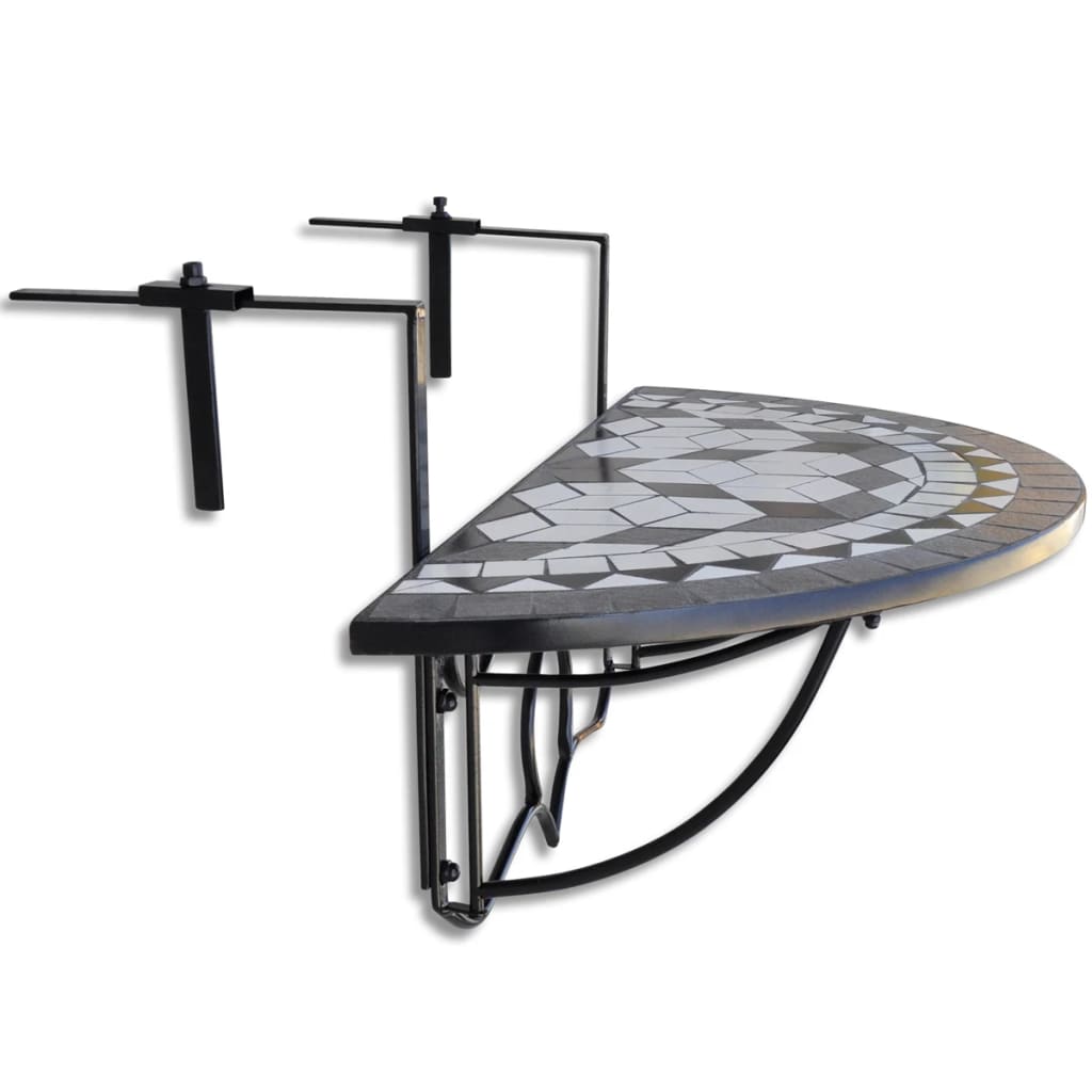 vidaXL Hanging Balcony Table Black and White Mosaic - Multicolour - 76 x 56 x 64 cm