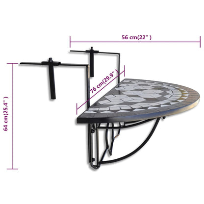 vidaXL Hanging Balcony Table Black and White Mosaic - Multicolour - 76 x 56 x 64 cm