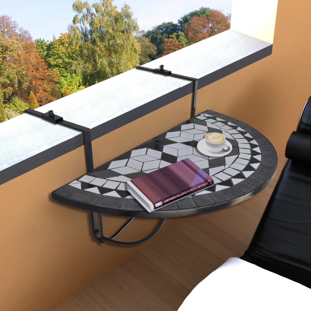 vidaXL Hanging Balcony Table Black and White Mosaic - Multicolour - 76 x 56 x 64 cm
