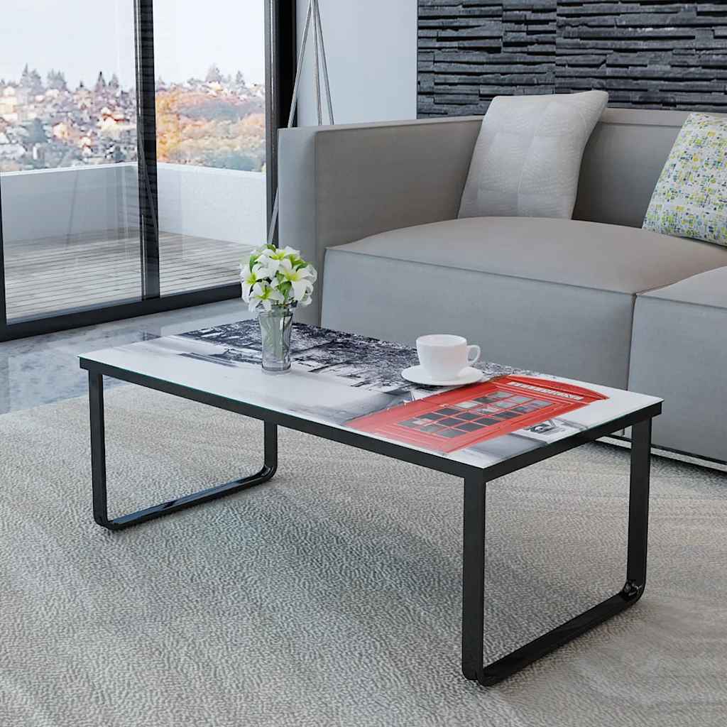vidaXL Coffee Table with Telephone Booth Printing Glass Top - Multicolour - 90 x 45 x 32 cm