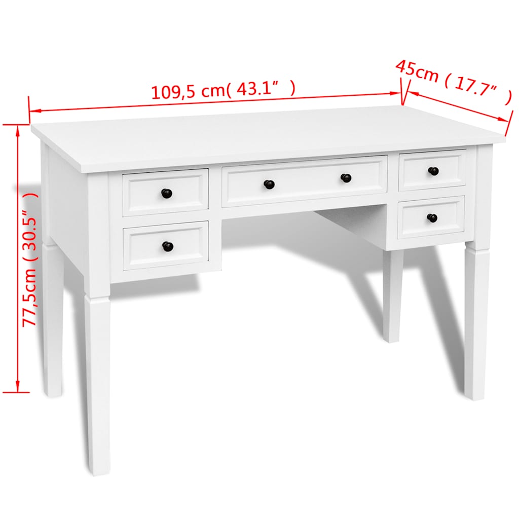 241533 White Writing Desk with 5 Drawers - 109.5 x 45 x 77.5 cm