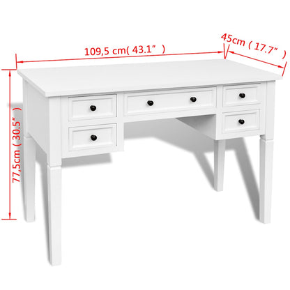 241533 White Writing Desk with 5 Drawers - 109.5 x 45 x 77.5 cm