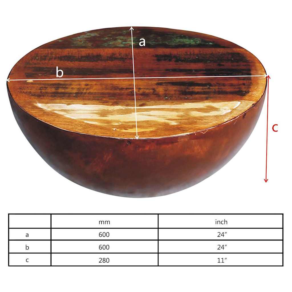 vidaXL Coffee Table Bowl-shaped with Steel Base Solid Reclaimed Wood - Brown - 60 x 28 x 60 cm