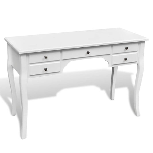 Wooden French Desk with Curved Legs and 5 Drawers - White - 110 x 47 x 79 cm