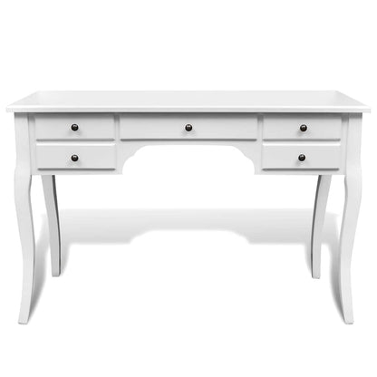 Wooden French Desk with Curved Legs and 5 Drawers - White - 110 x 47 x 79 cm
