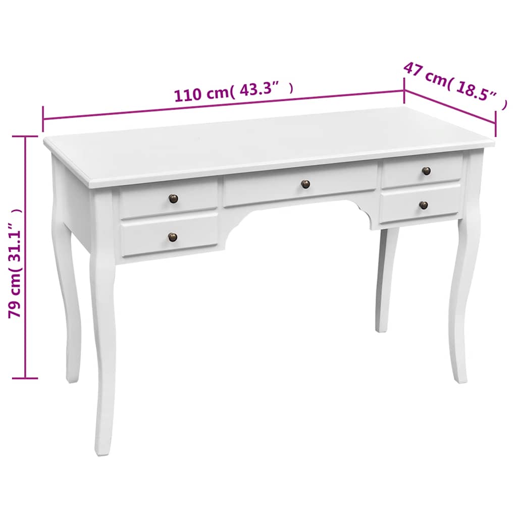 Wooden French Desk with Curved Legs and 5 Drawers - White - 110 x 47 x 79 cm
