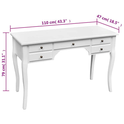 Wooden French Desk with Curved Legs and 5 Drawers - White - 110 x 47 x 79 cm