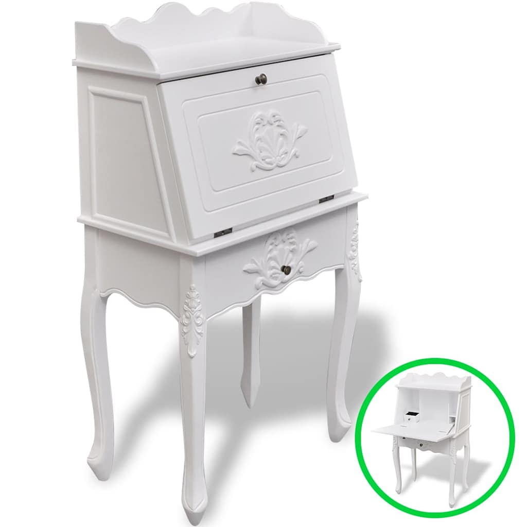 241735 Wooden French Secretary Desk - White - 60 x 36.4 x 111 cm