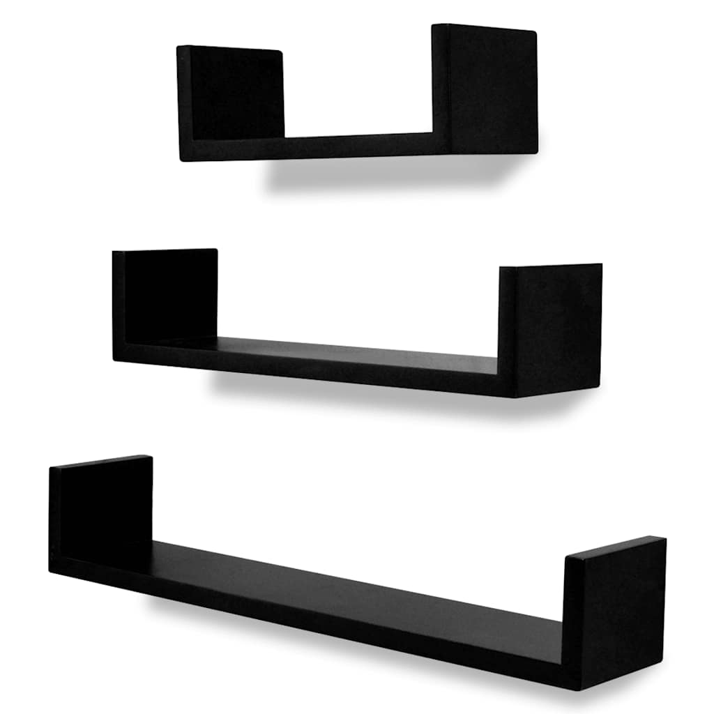 242175 3 Black MDF U-shaped Floating Wall Display Shelves Book/DVD Storage - 60 x 12 x 10 cm