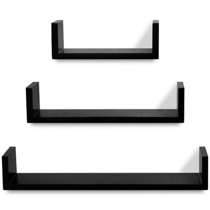 242175 3 Black MDF U-shaped Floating Wall Display Shelves Book/DVD Storage - 60 x 12 x 10 cm