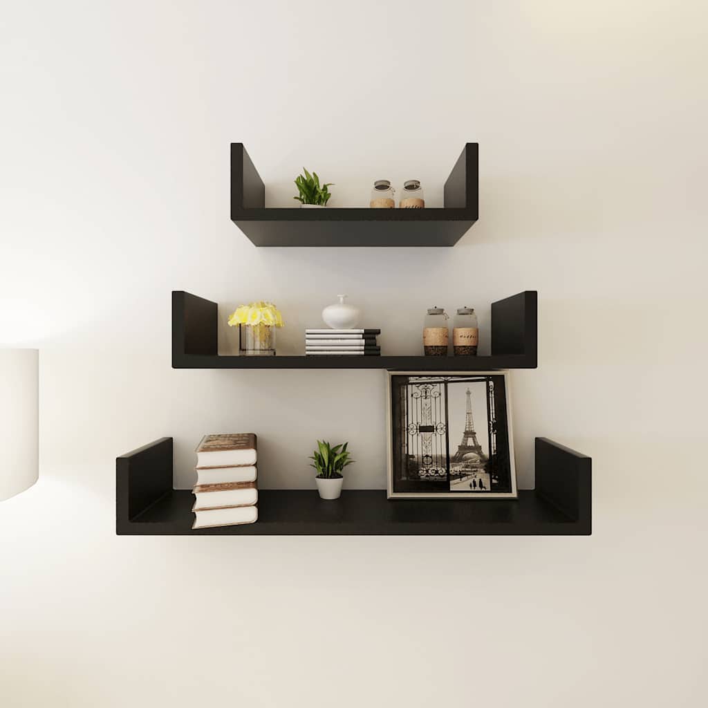 242175 3 Black MDF U-shaped Floating Wall Display Shelves Book/DVD Storage - 60 x 12 x 10 cm