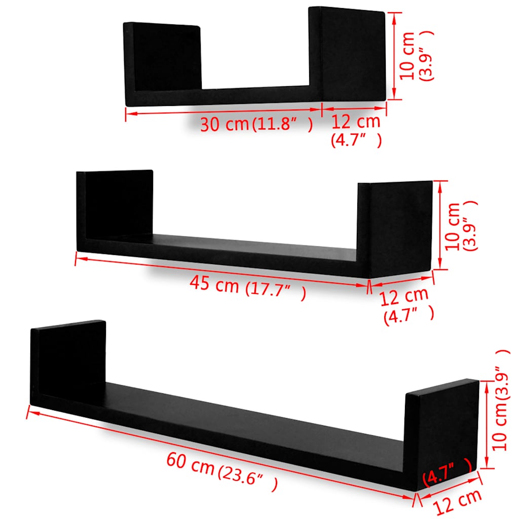 242175 3 Black MDF U-shaped Floating Wall Display Shelves Book/DVD Storage - 60 x 12 x 10 cm
