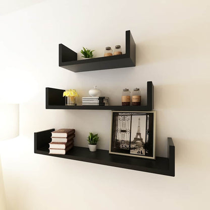 242175 3 Black MDF U-shaped Floating Wall Display Shelves Book/DVD Storage - 60 x 12 x 10 cm