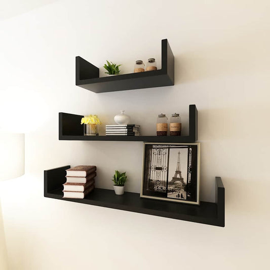 242175 3 Black MDF U-shaped Floating Wall Display Shelves Book/DVD Storage - 60 x 12 x 10 cm