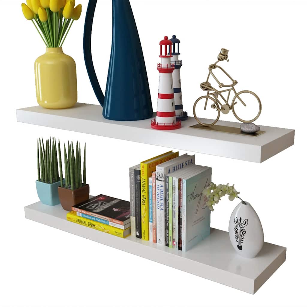 vidaXL 2 White MDF Floating Wall Display Shelves Book/DVD Storage - 80 x 20 x 3.8 cm