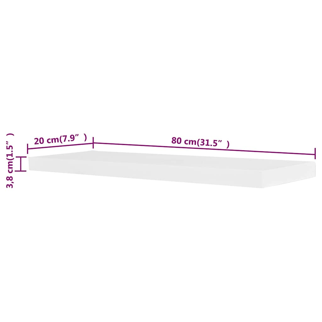vidaXL 2 White MDF Floating Wall Display Shelves Book/DVD Storage - 80 x 20 x 3.8 cm