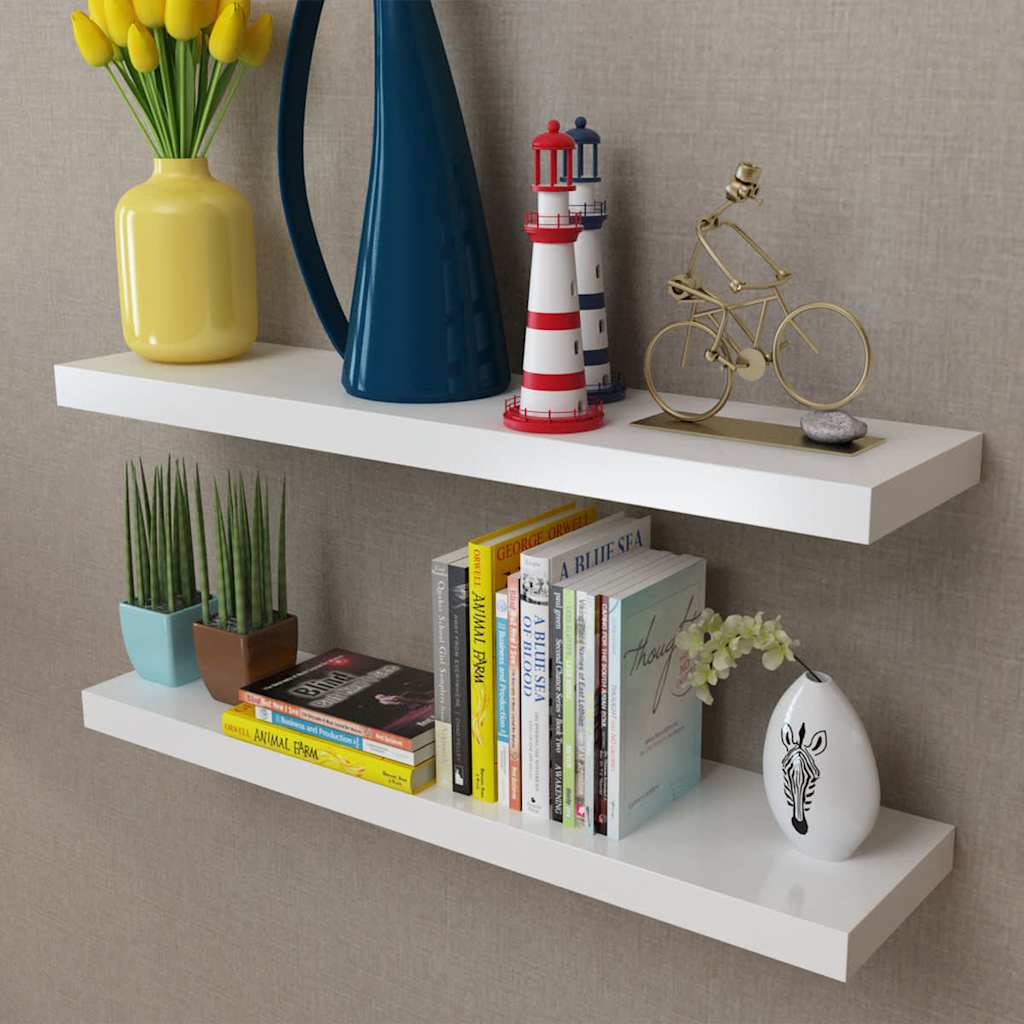 vidaXL 2 White MDF Floating Wall Display Shelves Book/DVD Storage - 80 x 20 x 3.8 cm