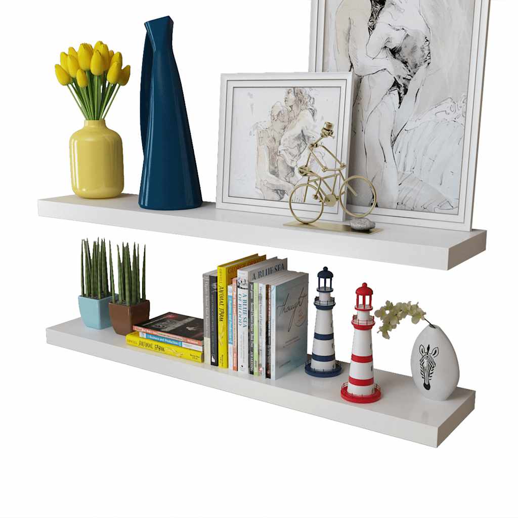 vidaXL 2 White MDF Floating Wall Display Shelves Book/DVD Storage - 100 x 20 x 3.8 cm