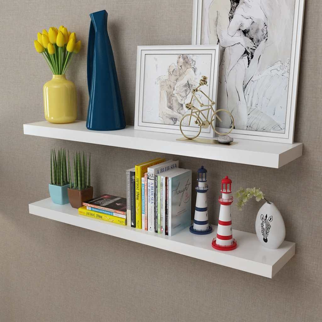 vidaXL 2 White MDF Floating Wall Display Shelves Book/DVD Storage - 100 x 20 x 3.8 cm