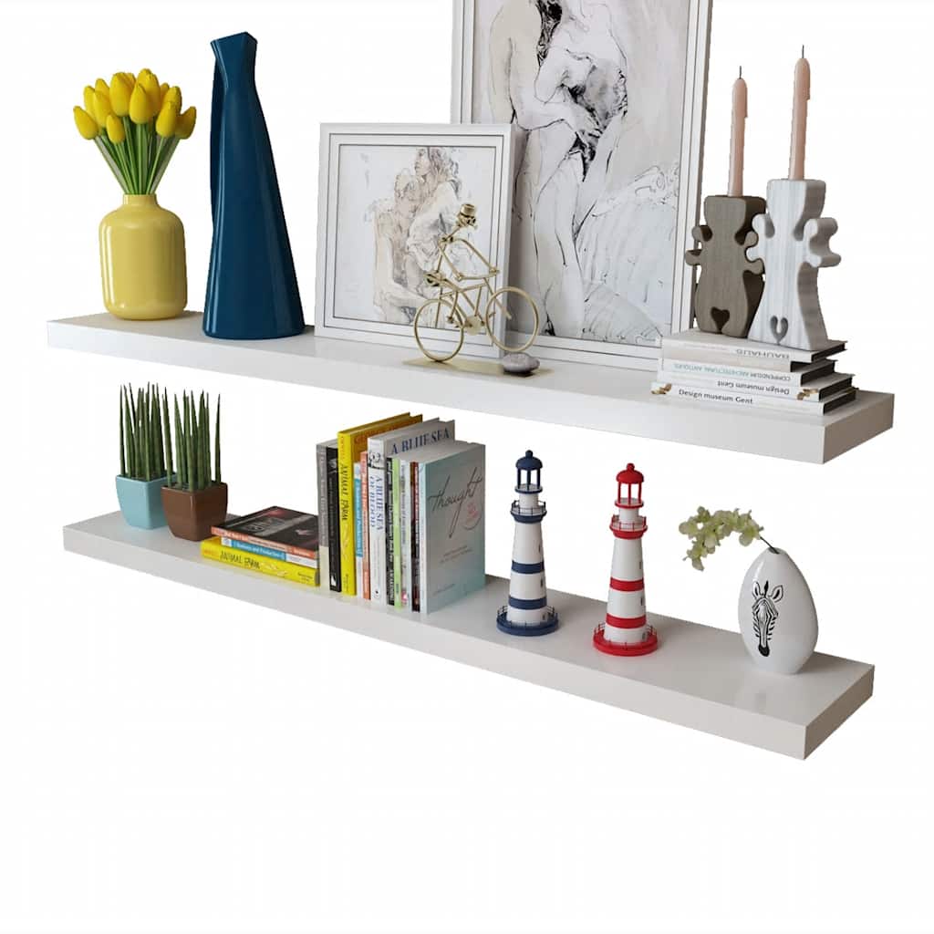 vidaXL 2 White MDF Floating Wall Display Shelves Book/DVD Storage - 120 x 20 x 3.8 cm